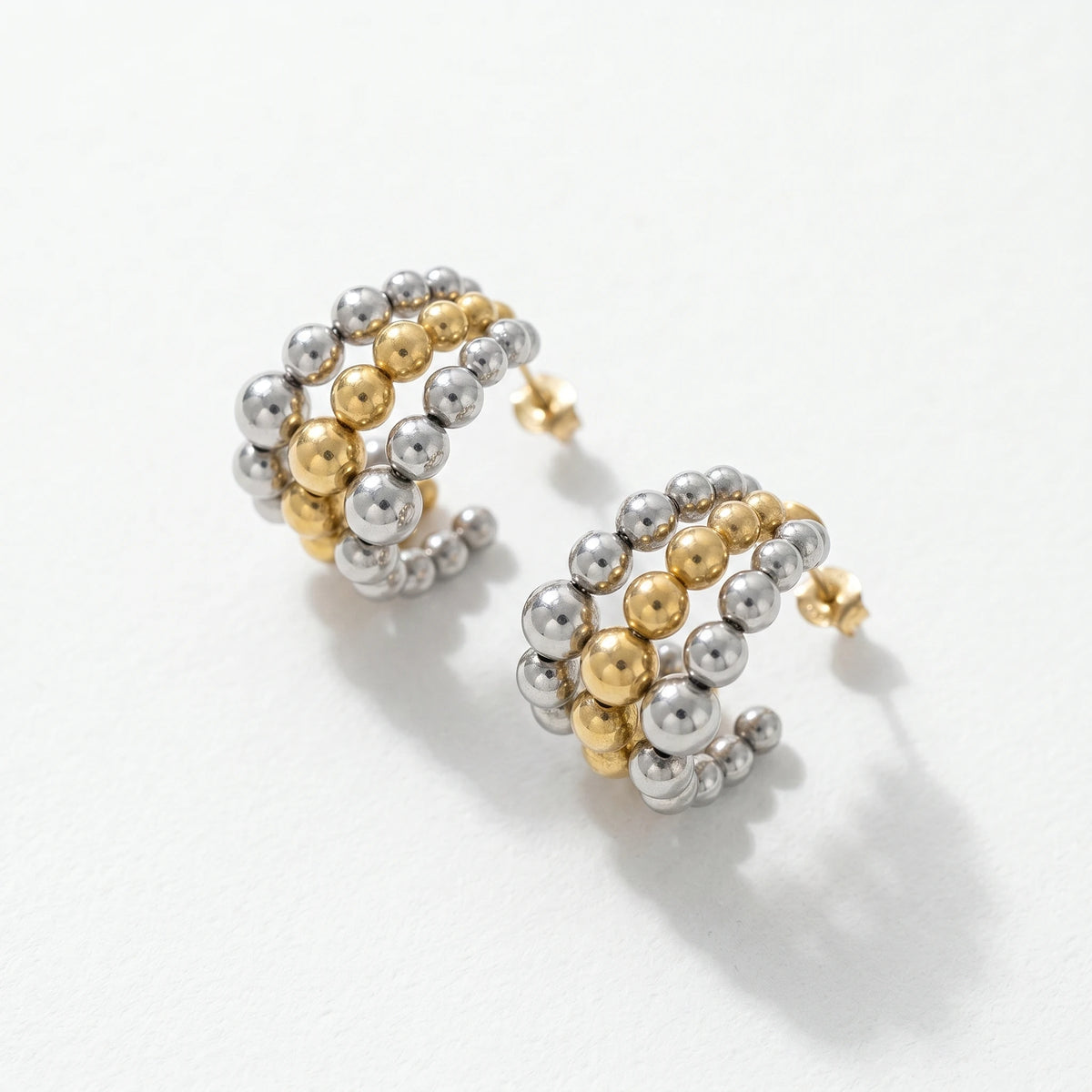 QIAOREN 12753 Stainless Steel Two Tone Beaded Hoop Earrings Silver Gold Mixed Ball Chunky Cuff Ear Jewelry for Women