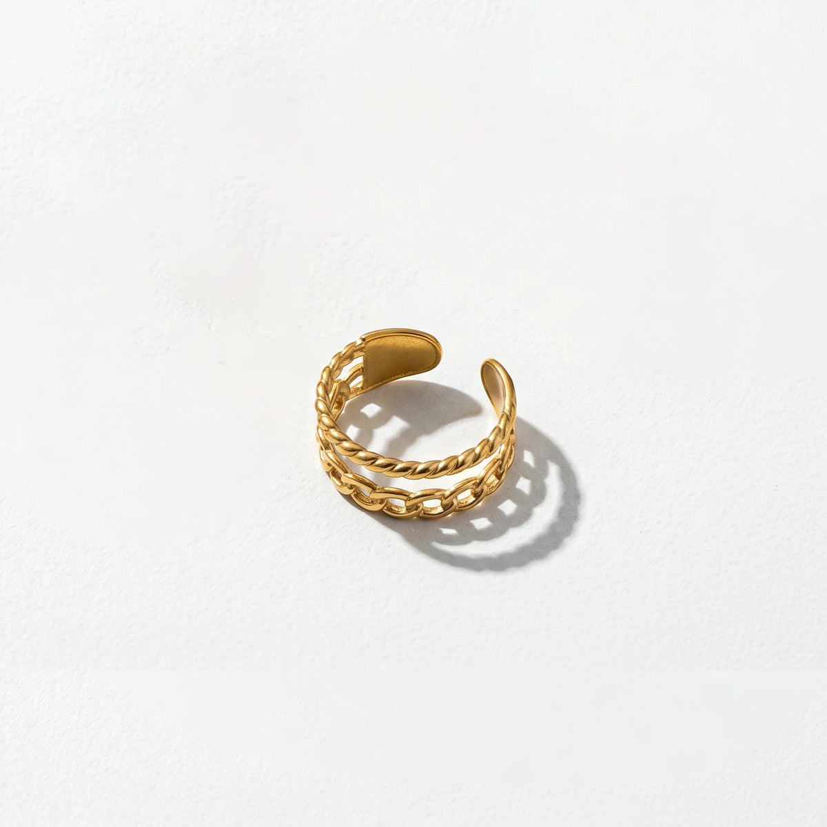 QIAOREN 10712 5Pcs 18K Gold Plated Stainless Steel Adjustable Ring Watch Set Tarnish Resistant Hammered Stackable Quartz Women