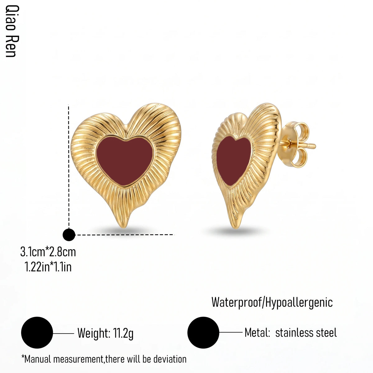 QIAOREN 14076-77 Fluted Heart Shell Stud Earrings, White Enamel Inset Heart Ear Stud Jewelry Gift for Daily Fashion Outfits