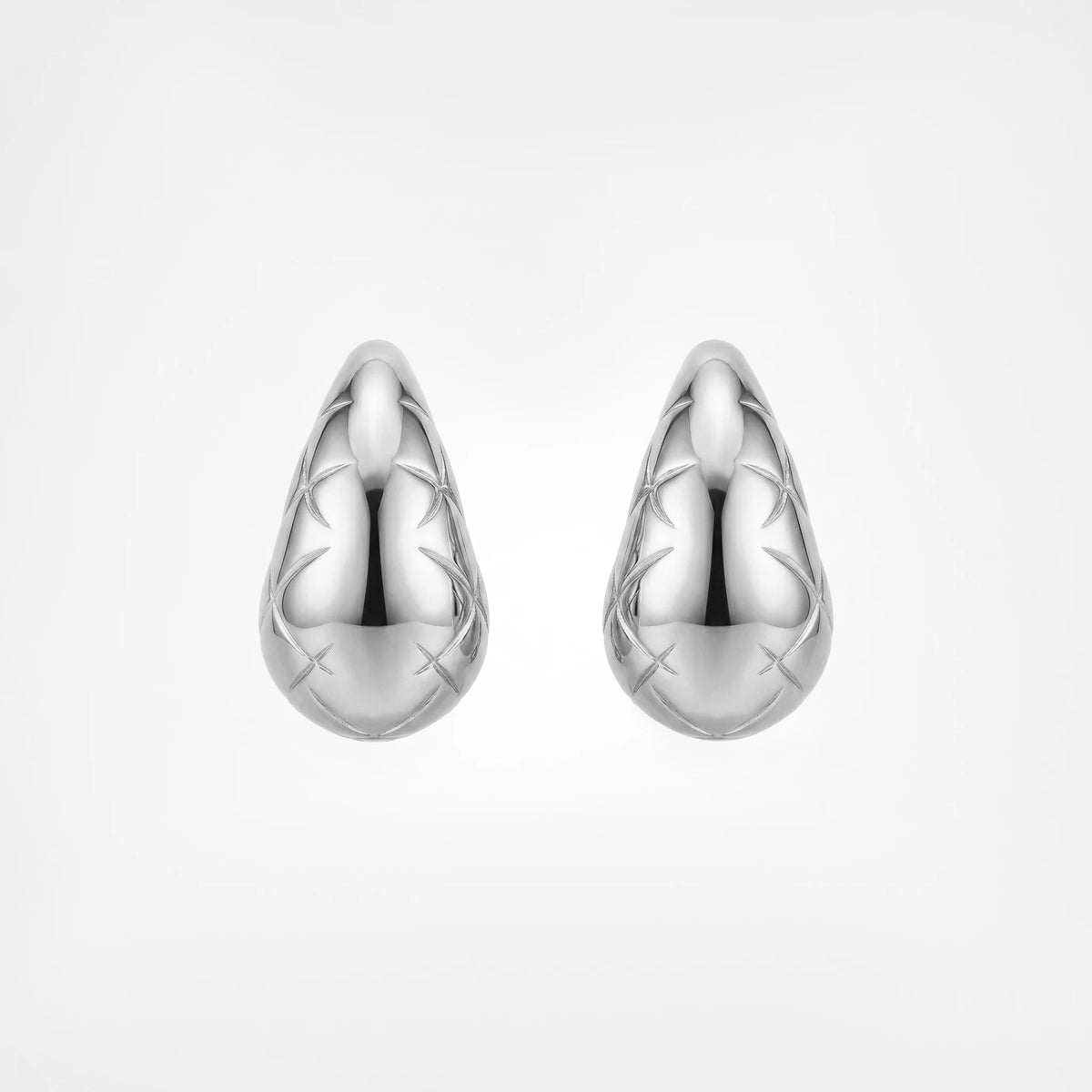 QIAOREN 12273 Trendy Quilted Criss Cross Teardrop Earrings Gold Stainless Steel Etched Lattice Waterdrop Dome Studs Women US EU