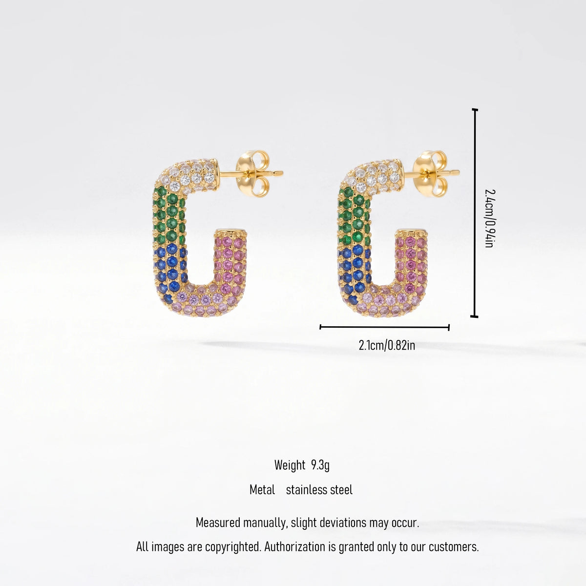 QIAOREN 12426 Elegant Quiet Luxury Colorful Crystal U Shaped Hoops Gold Stainless Steel Rainbow Micro-Pave Statement Earrings