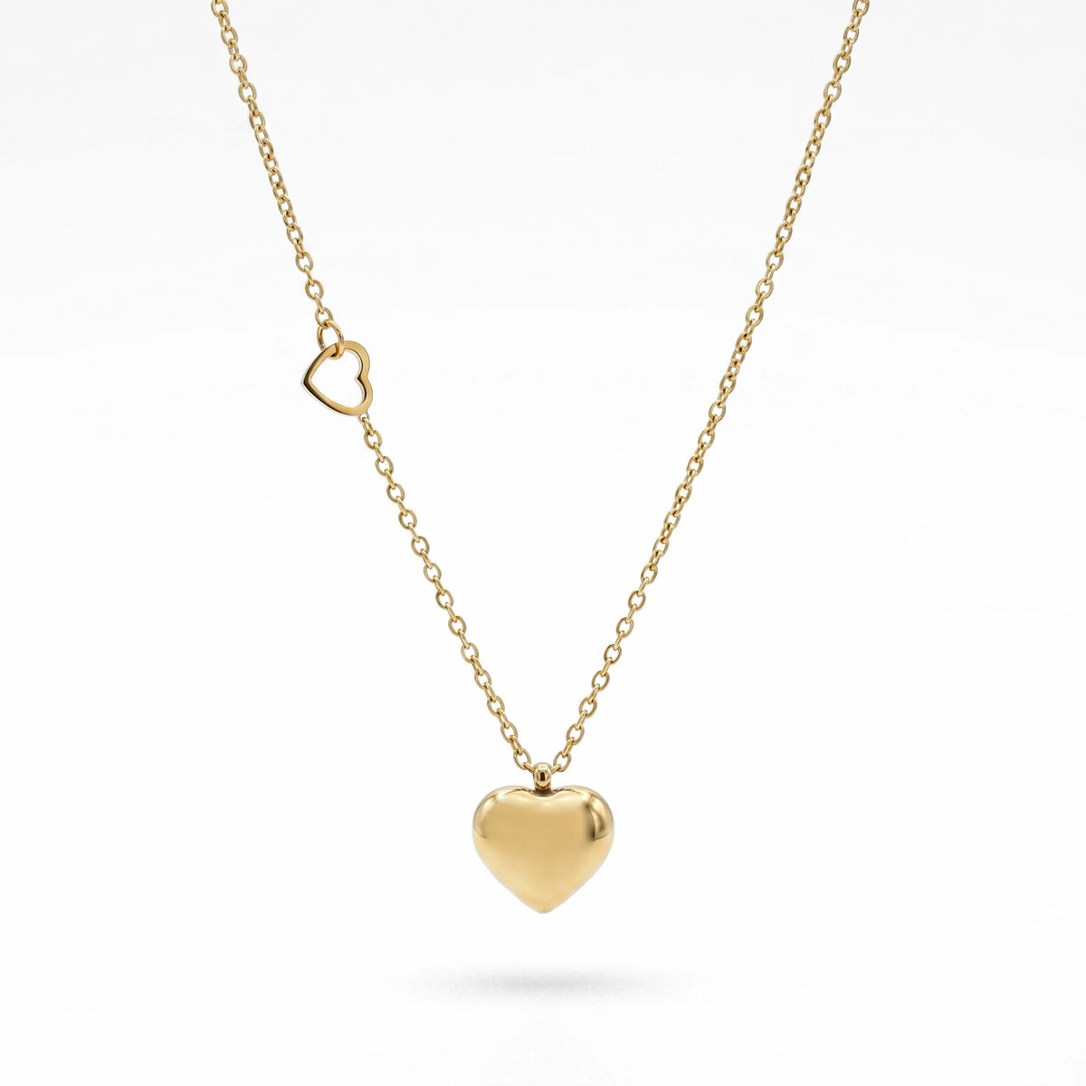 QIAOREN 10824 18K Gold Plated Asymmetrical Double Heart Pendant Necklace Stainless Steel Tarnish Free Waterproof Jewelry