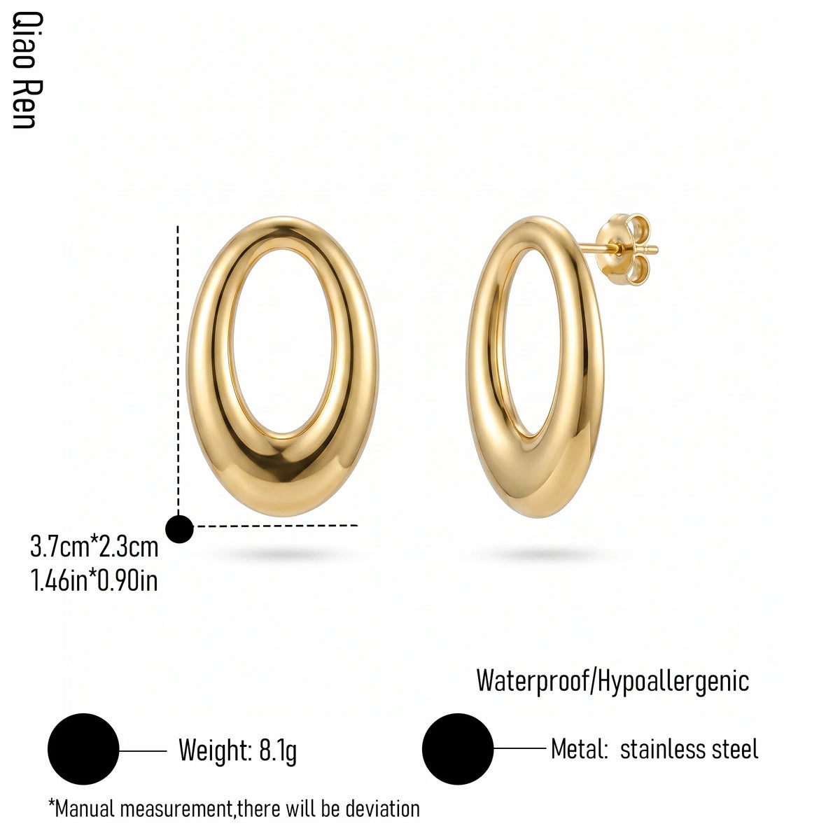 QIAOREN 14055 Polished Gold Chunky Oval Hollow Stud Earrings, Thick Tube Open Oval Hoop Ear Stud Jewelry Gift
