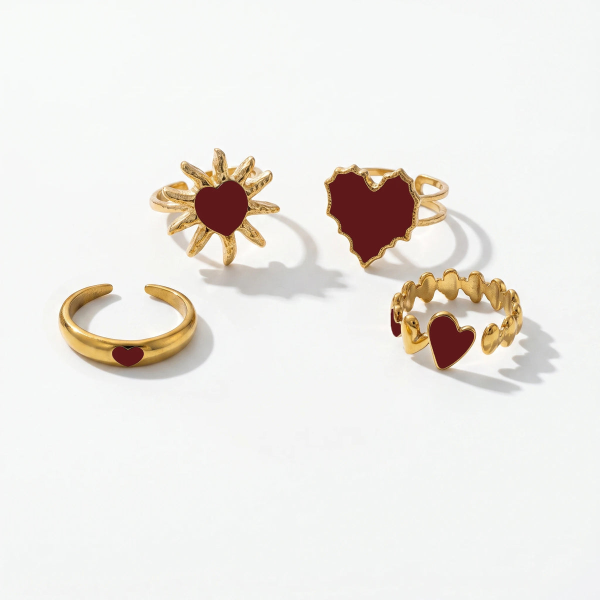 QIAOREN 14180-83 Red Enamel Heart & Sun Open Ring Set, Irregular Love Shape Adjustable Stackable Ring Jewelry Gift