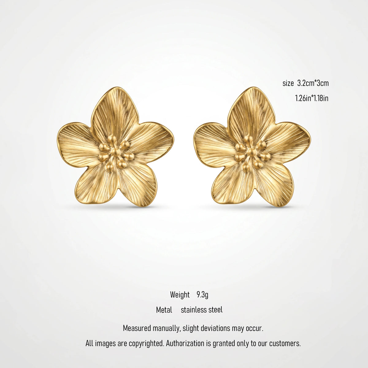 QIAOREN 10913 3.2cm Large Embossed Flower Stud Earrings 18K Gold Plated Stainless Steel Hypoallergenic No Fade for Women