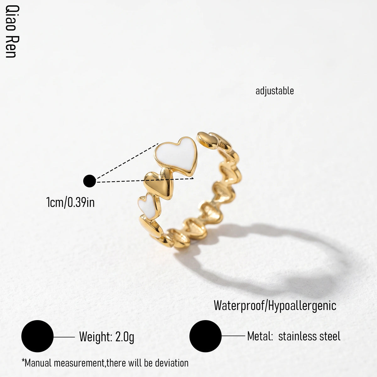 QIAOREN 14165-68 Heart & Sun Pattern Open Ring Set, White Mica Enamel Inlaid Adjustable Stackable Ring Jewelry Gift