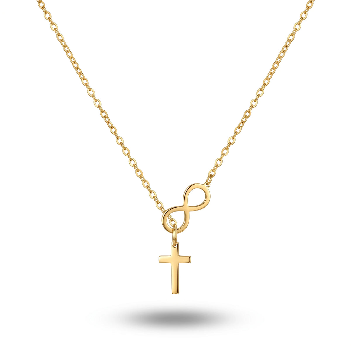 QIAOREN 11247 Tarnish Resistant Waterproof 18K Gold Plated Stainless Steel Infinity Cross Pendant Necklace for Women