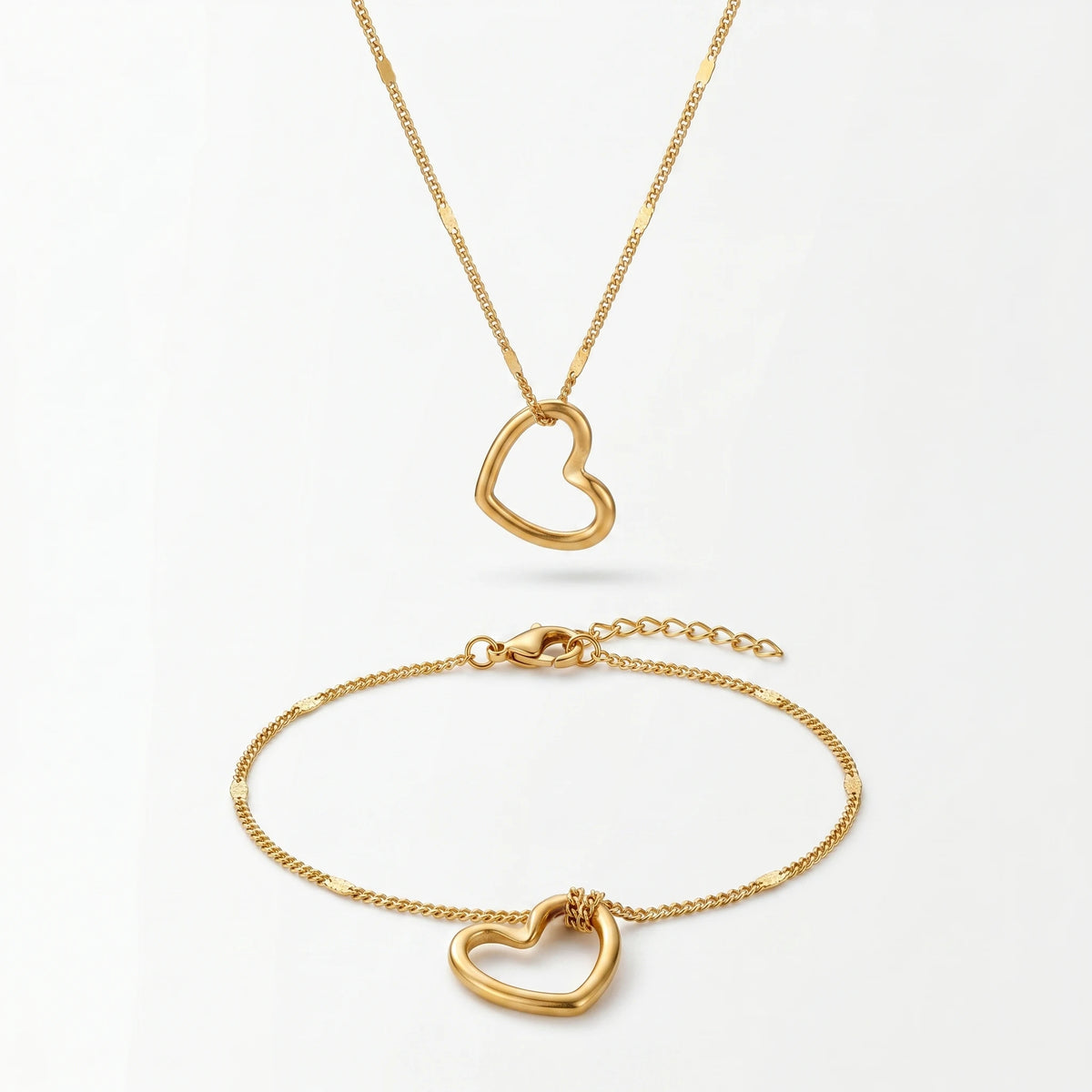 QIAOREN 10647 Irregular Hollow Heart Matching Jewelry Set 18K Gold Plated Stainless Steel No-Fade Necklace Bracelet Women