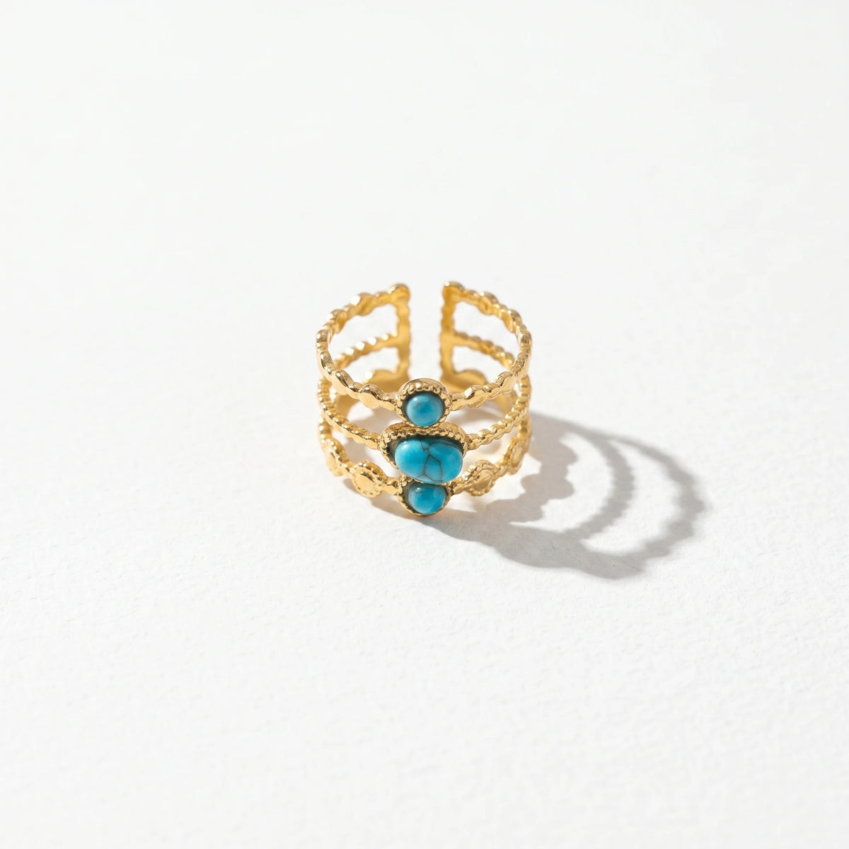 QIAOREN 13171-75 5Pcs Gold Stainless Steel Turquoise Open Ring Set Irregular Hammered Crown Adjustable Boho Stackable Rings