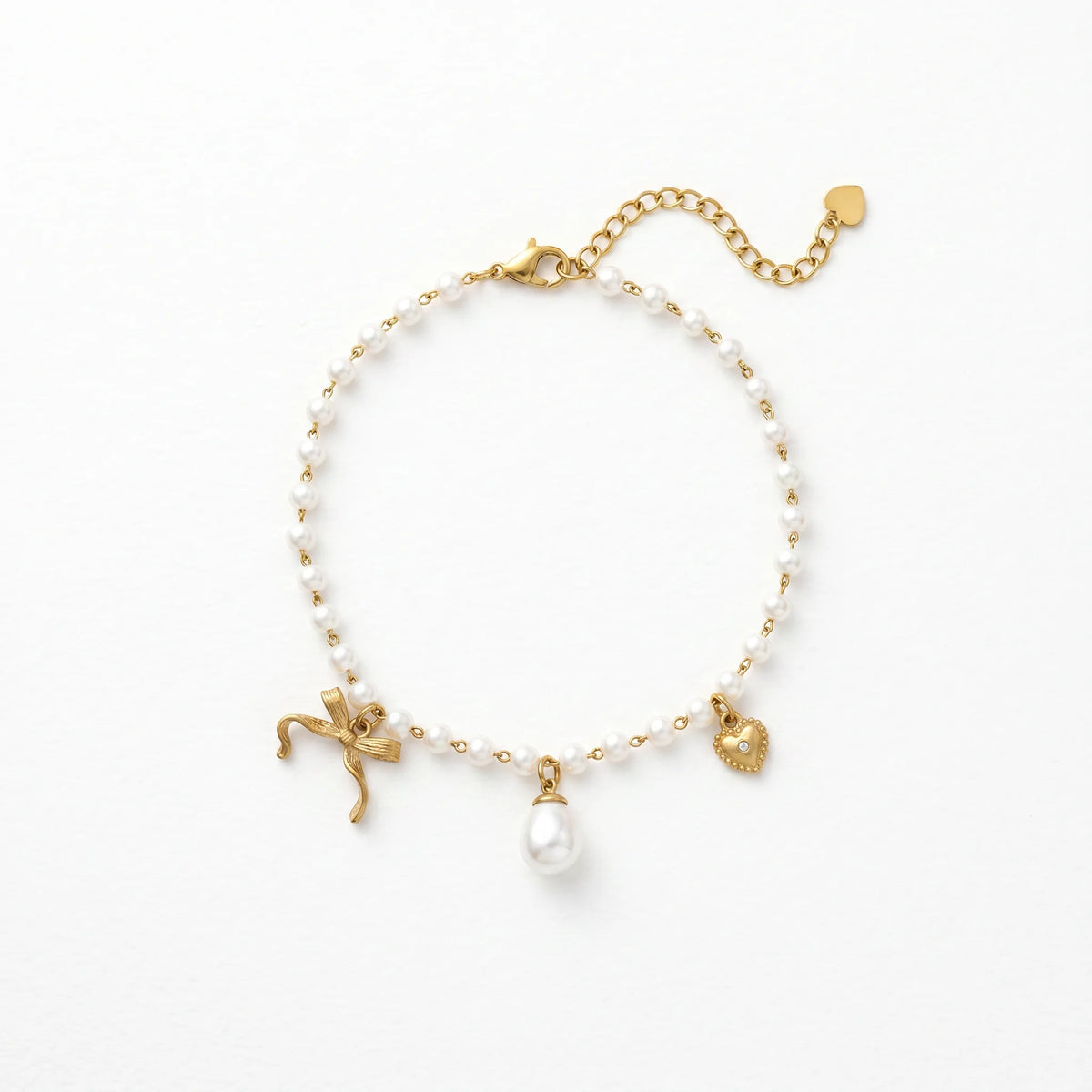 QIAOREN 13325 Dainty Pearl Anklet with Bow, Teardrop Pearl & Rhinestone Heart Charms, Elegant Sweet Foot Jewelry Gift