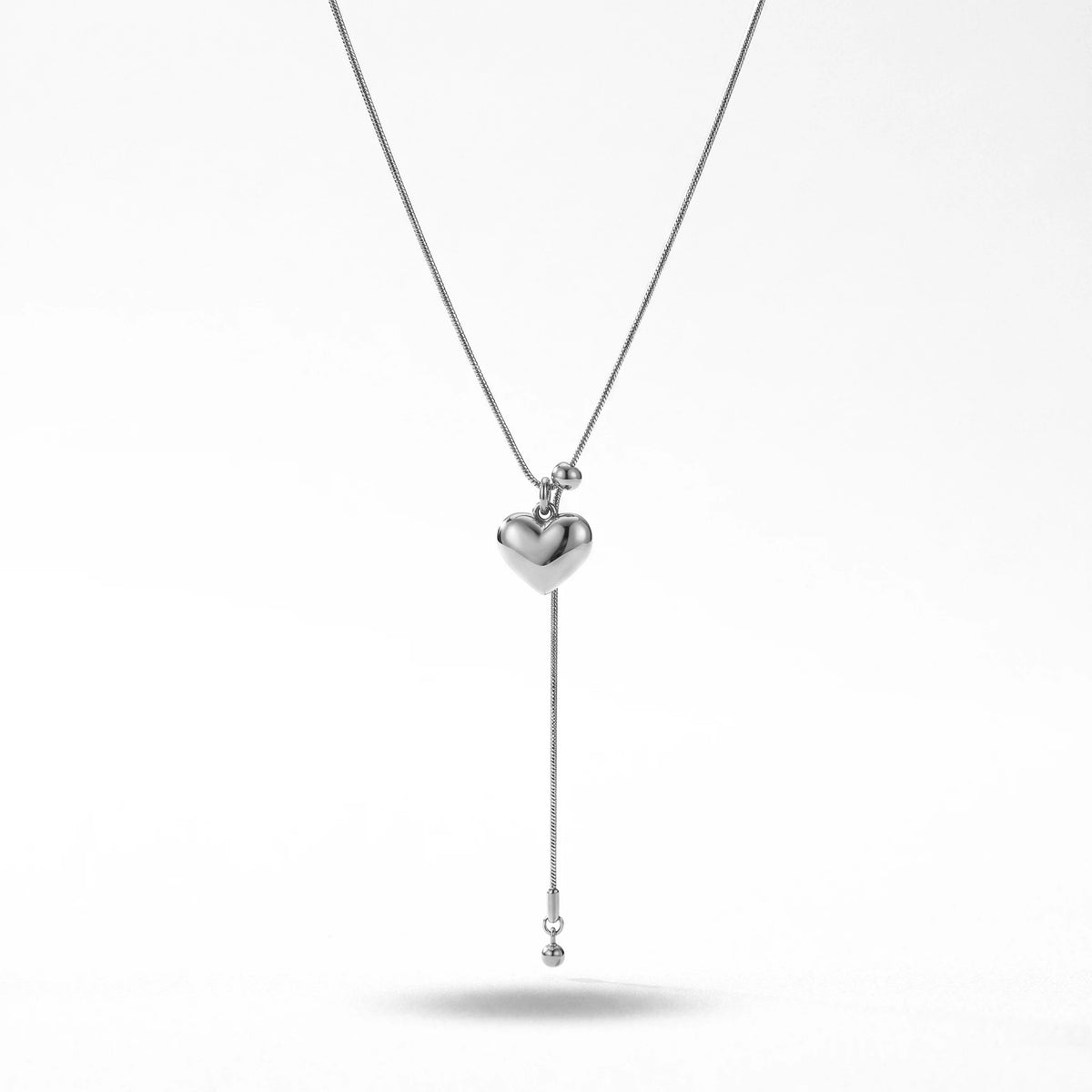 QIAOREN 12917 18K Gold Plated 316L Stainless Steel Puffed Heart Y Necklace Waterproof Tarnish Free Snake Chain Lariat Jewelry