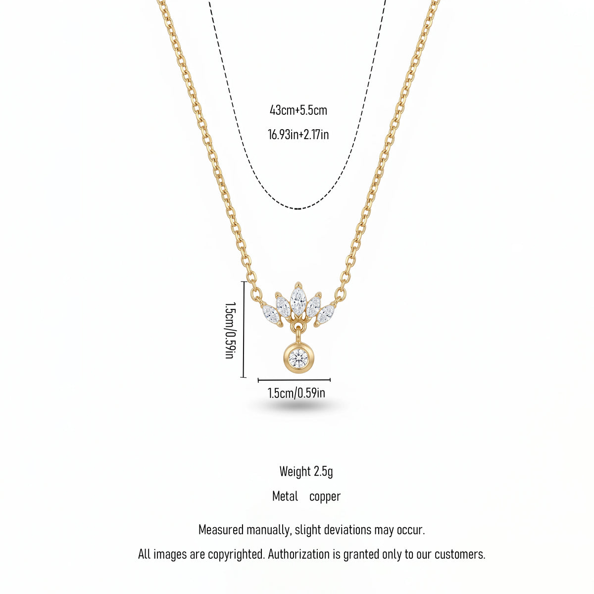 QIAOREN 13762 Thin Oval Link Chain Pendant Necklace with Marquise Cut Zircon Fan Shape Cluster Charm Hanging Round Solitaire CZ