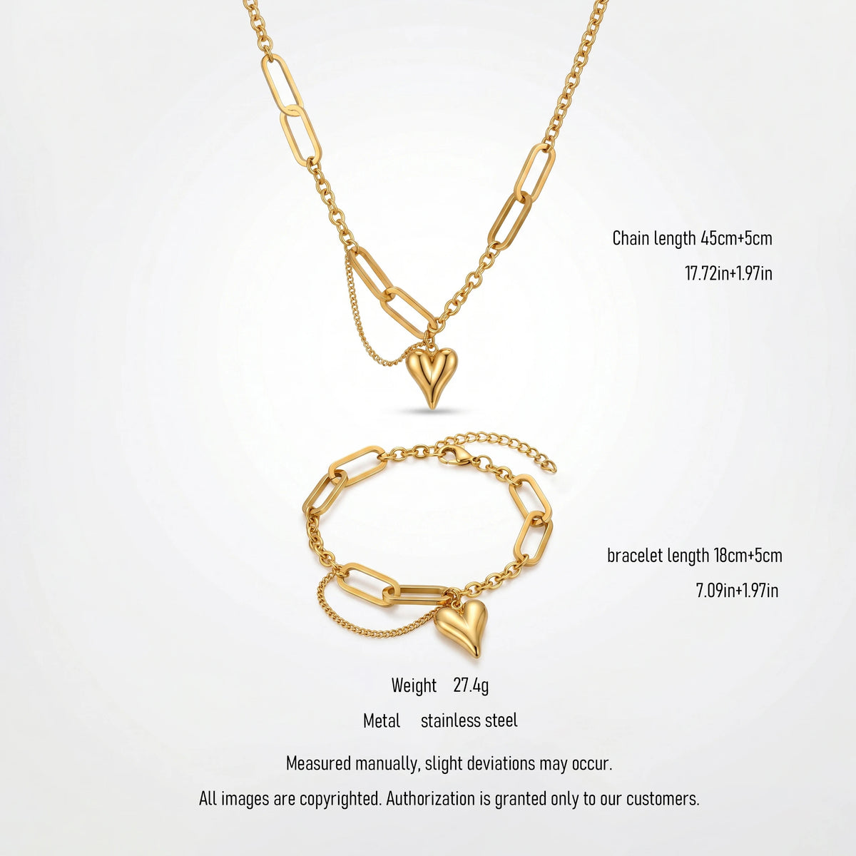 QIAOREN 10812 Stainless Steel Paperclip Chain Jewelry Set Heart Pendant Necklace Bracelet Adjustable Gold Women Matching Gift