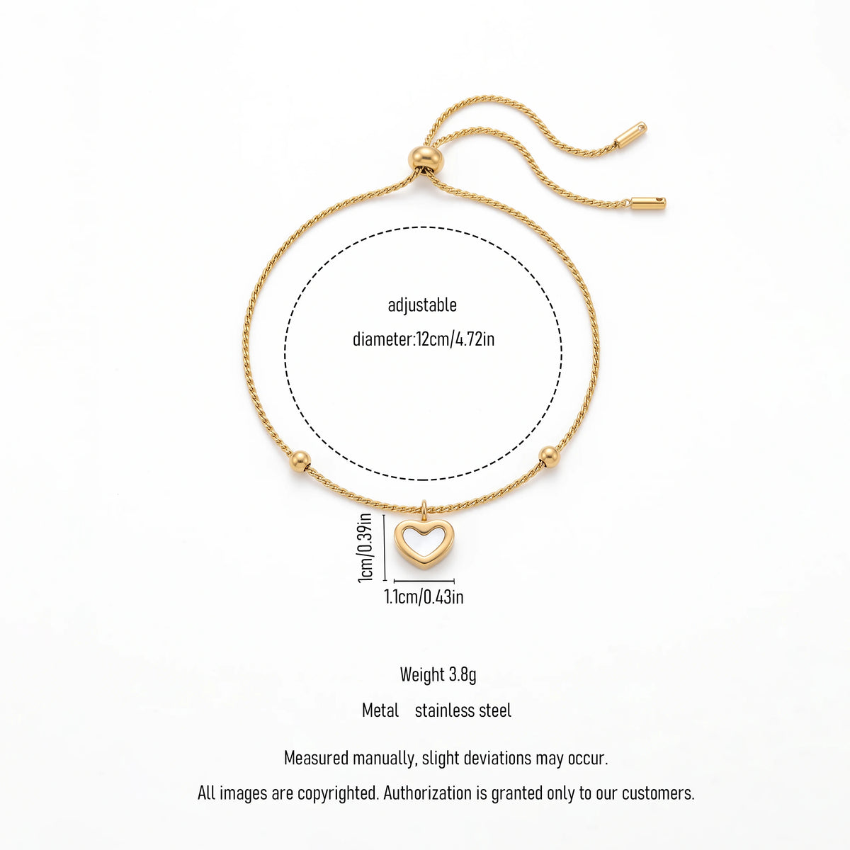 QIAOREN 13352 Gold Plated Stainless Steel Adjustable Slider Heart Bracelet Minimalist Dainty Jewelry for Women