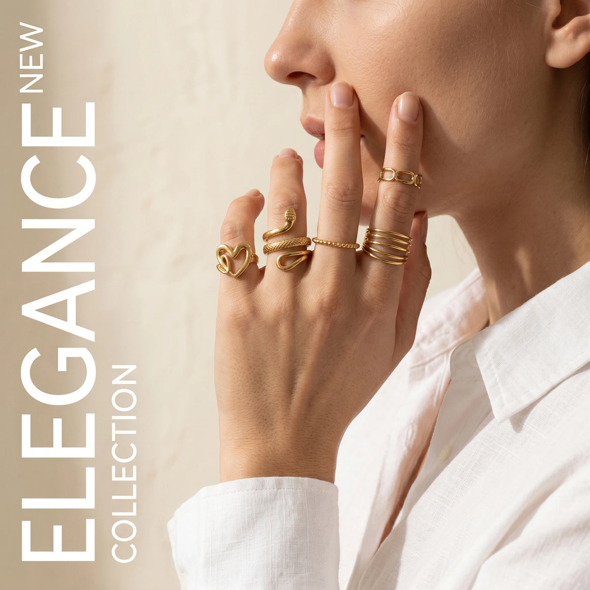 QIAOREN Stainless Steel Stackable Rings Set PVD Gold Plated Adjustable Open Ring Jewelry for Women