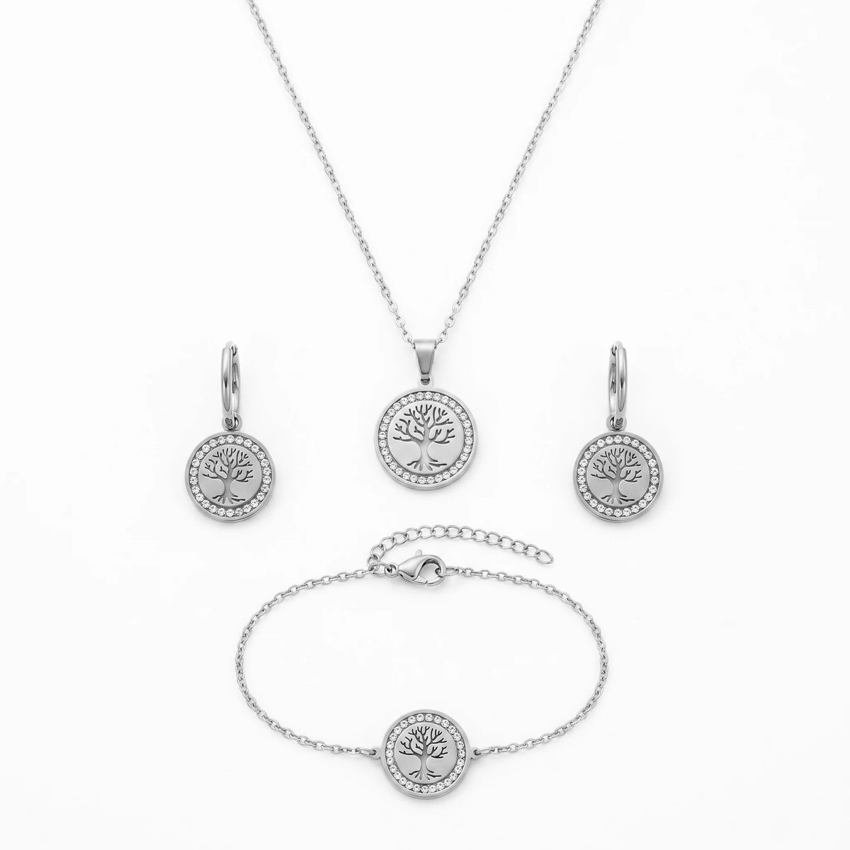 QIAOREN 11585 Waterproof 18K Gold Plated Stainless Steel Tree of Life Jewelry Set for Women Daily Wear 3 Piece