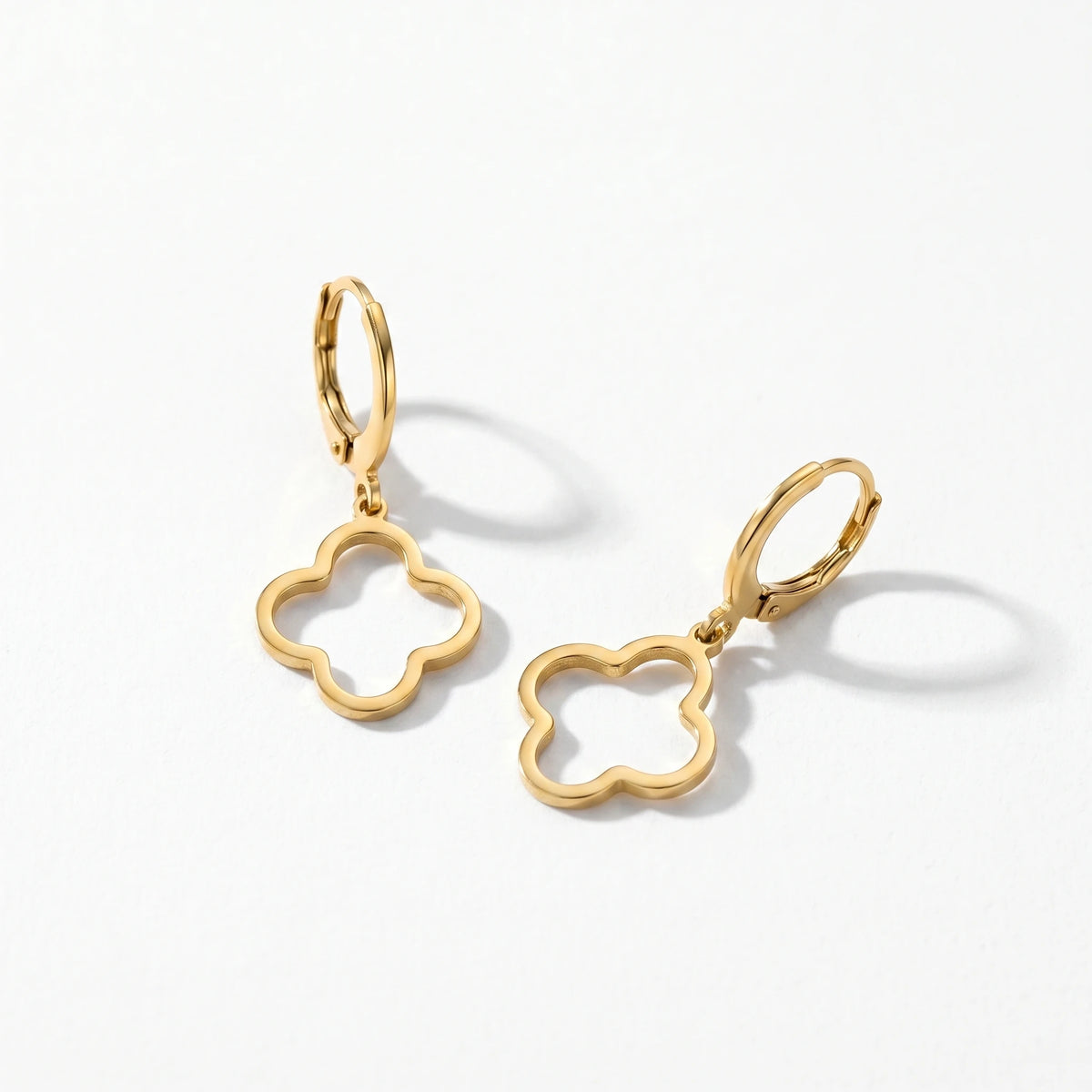 QIAOREN 10849 Waterproof Stainless Steel Clover Huggie Earrings, Gold Plated Hypoallergenic Floral Statement Jewelry