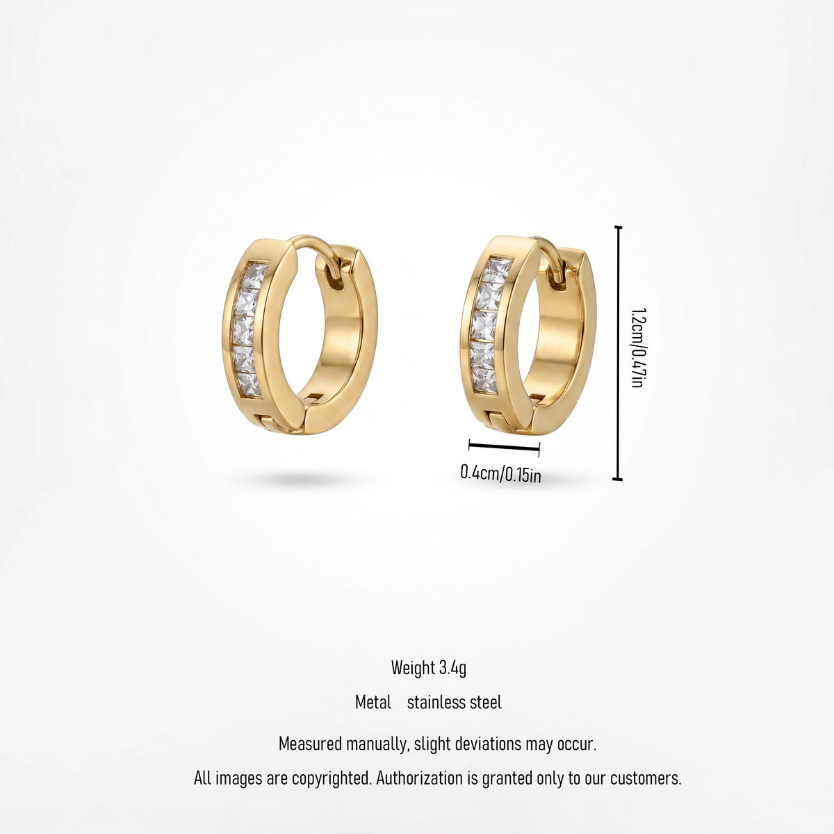 QIAOREN 12338 Princess Cut CZ Hoop Earrings Gold Stainless Steel High Polished Square Crystal Channel Set Huggies Women US EU