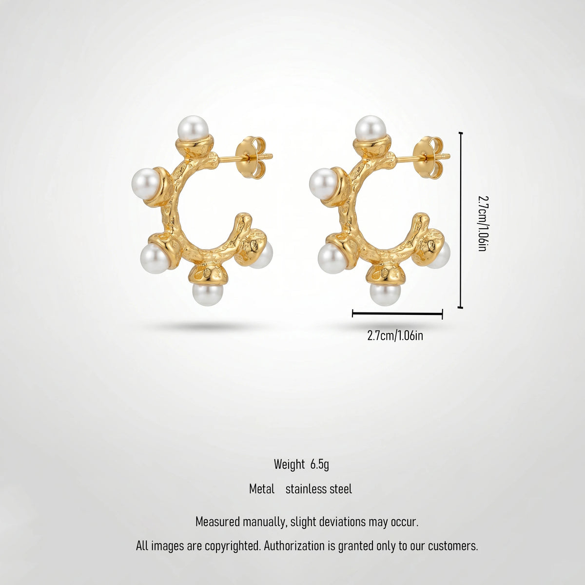 QIAOREN 12512 Tarnish Free Waterproof Molten Pearl C Hoops Gold Stainless Steel Textured Statement Earrings Women US EU