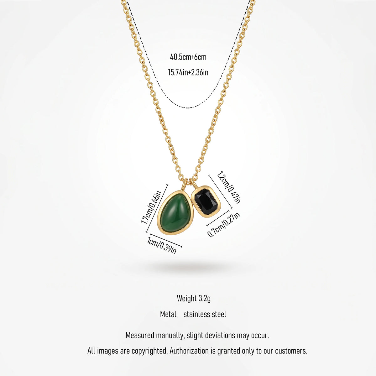 QIAOREN 13505 Two Pendant Emerald Oval Stone & Black Rectangle Crystal Necklace, Dainty Thin Cable Chain Dual Charms Necklace