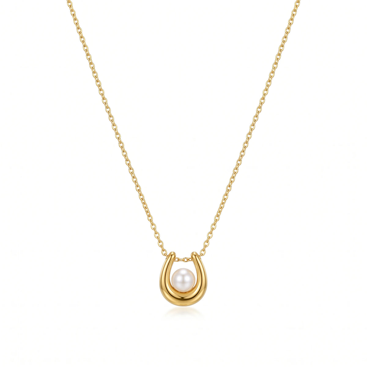 QIAOREN 13813 Thin Oval Link Chain Pendant Necklace with Smooth U-Shaped Horseshoe Frame Charm Inlaid Single Round White Pearl