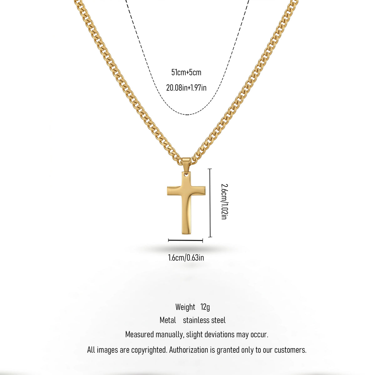 QIAOREN 11361 Tarnish Resistant Waterproof 18K Gold Plated Stainless Steel Thick Cuban Cross Pendant Necklace