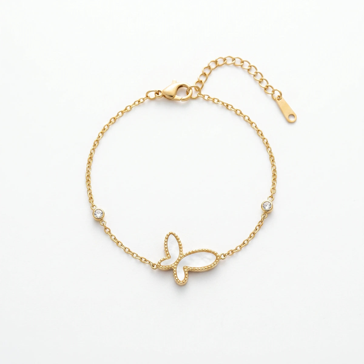 QIAOREN 13767 Thin Oval Link Chain Bracelet with Beaded Border White Mother of Pearl Butterfly Charm & Two Side Round Zircon