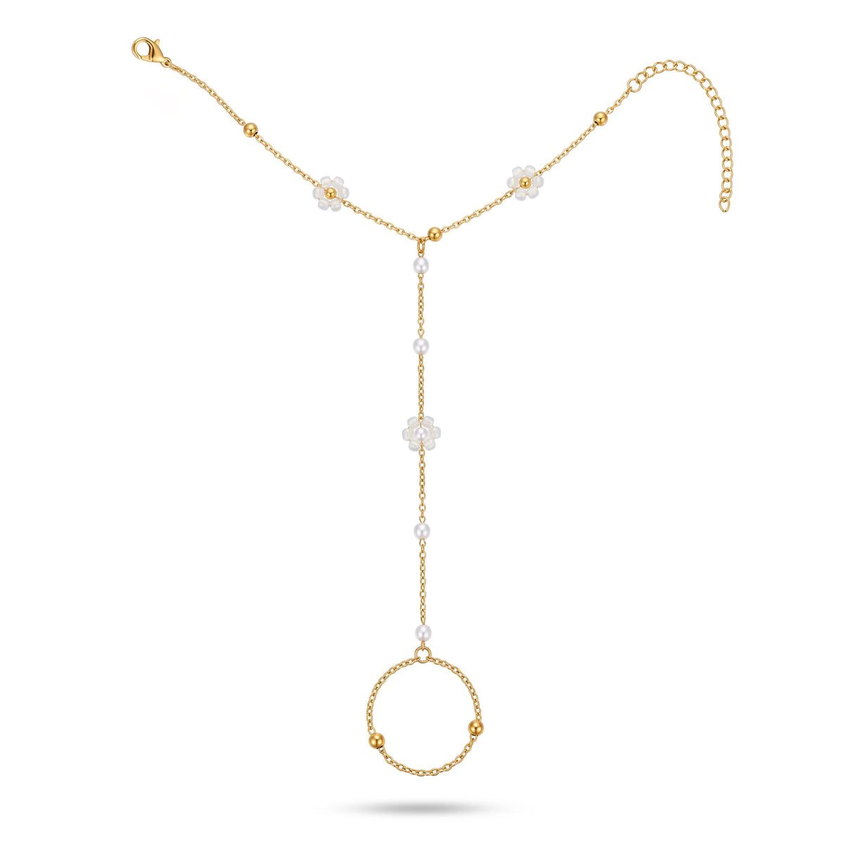 QIAOREN 10761 Boho Style Stainless Steel Flower Pearl Hand Harness Bracelet Gold Plated Finger Chain for Women