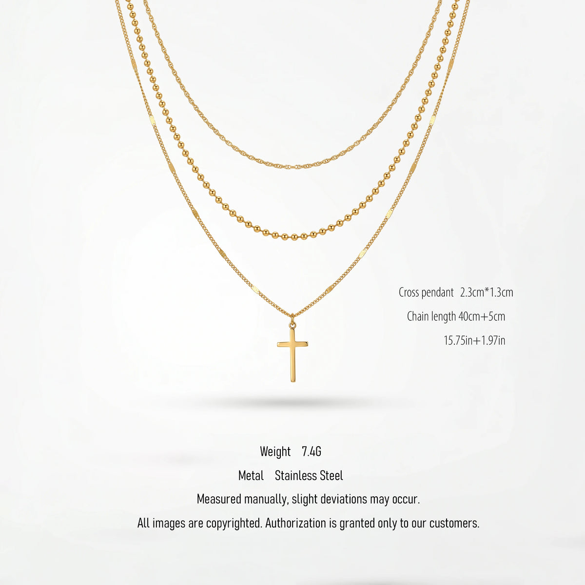 QIAOREN 10602 3 Layered Cross Pendant Necklace Link Chain 18K Gold Plated Stainless Steel Waterproof Tarnish Free Unisex Jewelry