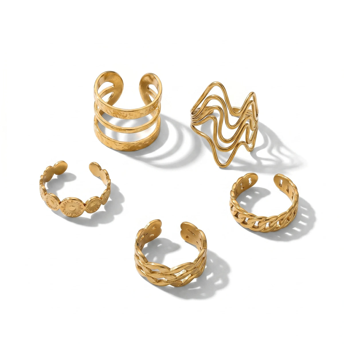 QIAOREN 13106-10 5Pcs 18K Gold Plated Stainless Steel Open Ring Set, Adjustable Stackable Durable Finger Rings