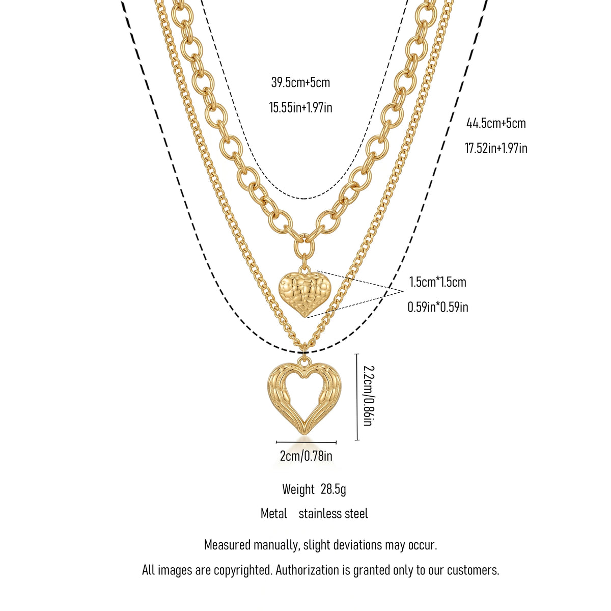 QIAOREN 11505 Stainless Steel Double Layer Heart Necklace Wing Hollow Heart Pendant Adjustable Gold Stack Jewelry for Women