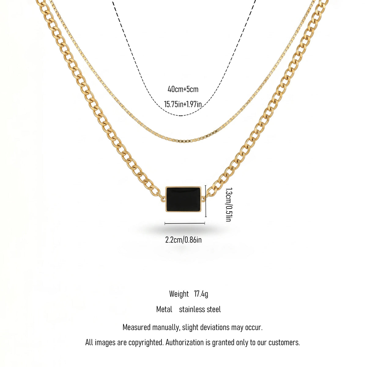 QIAOREN 11778 Minimalist Dual Layer Black Rectangular Pendant Necklace Gold Stainless Steel Curb Box Chain Jewelry for Western