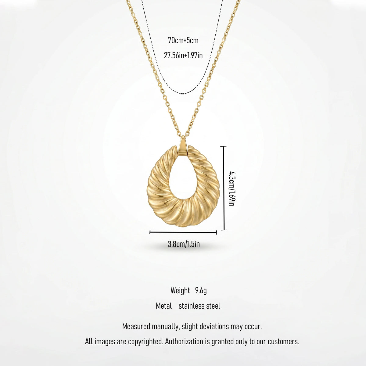 QIAOREN 12878 18K Gold Plated Ribbed Croissant Teardrop Necklace, Waterproof Tarnish Free Stainless Steel Statement Jewelry