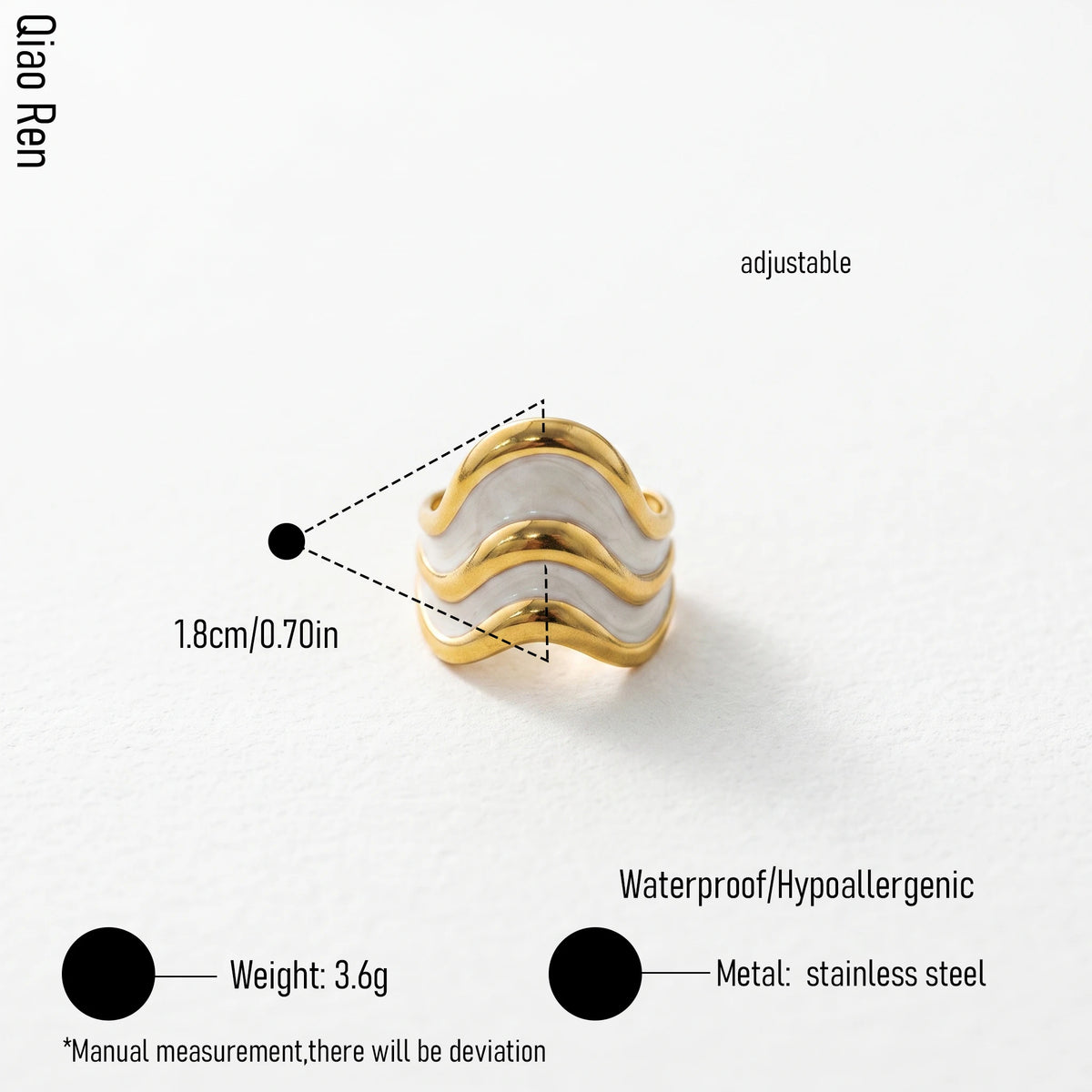 QIAOREN 14232-38 White Enamel Irregular Wave Open Ring Set, Abstract Curved Adjustable Stackable Ring Jewelry Gift