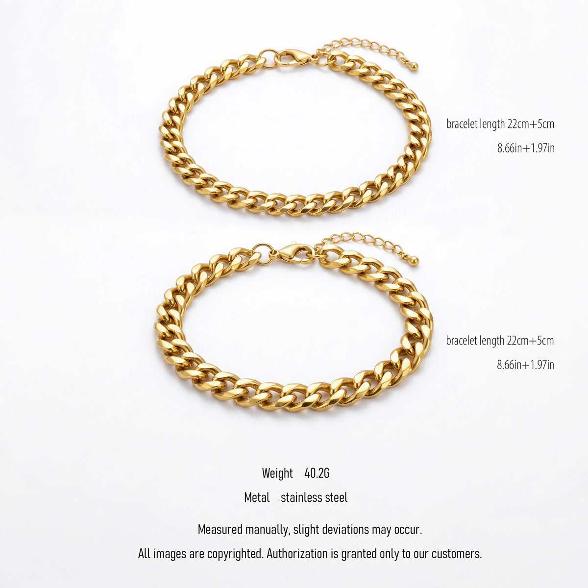 QIAOREN 10645 2PCS Classic Stainless Steel Cuban Link Bracelet Set Gold Plated Party Couple Bracelets for Men Women