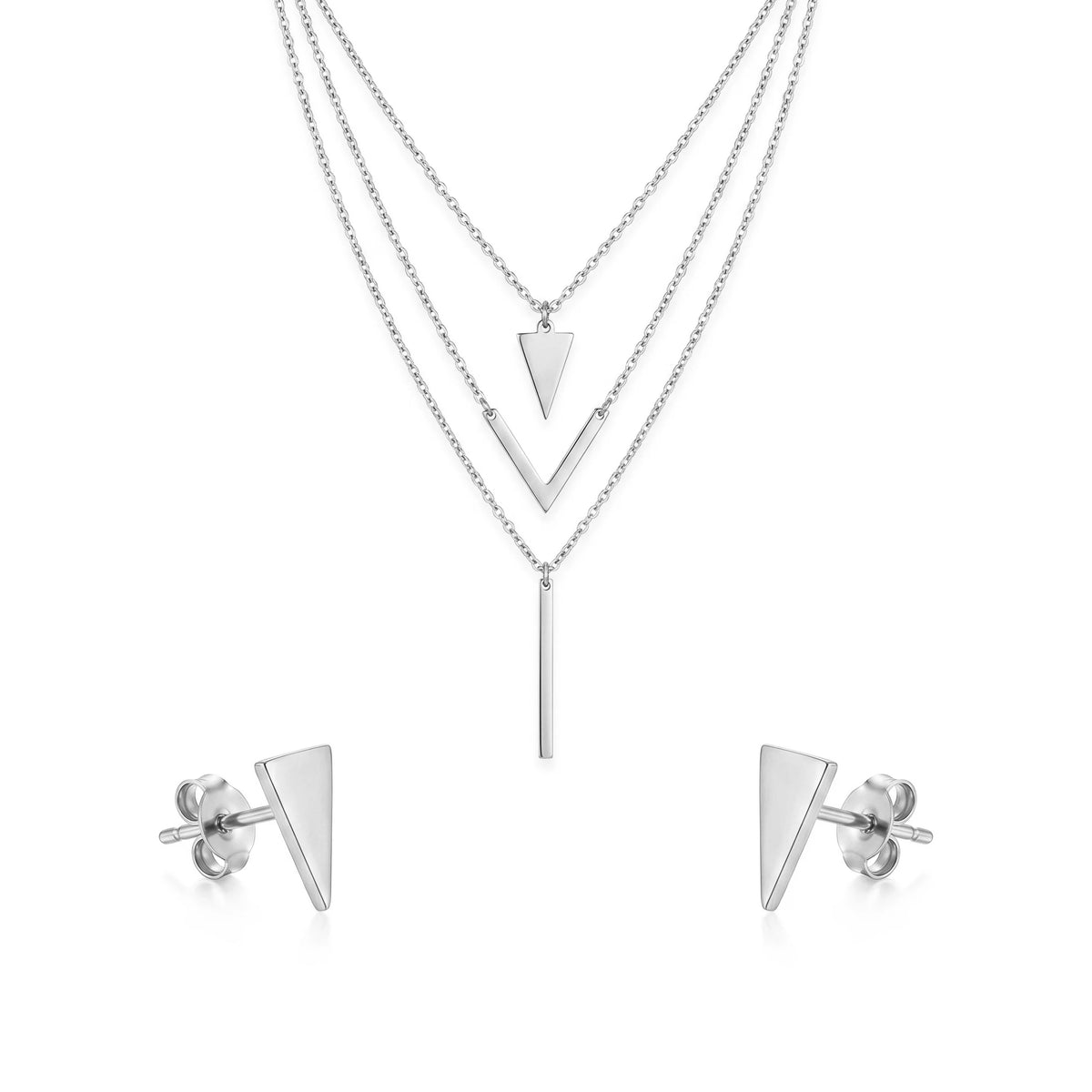 QIAOREN 11569 18K Gold Plated Stainless Steel Layered Necklace Earrings Set, Minimalist V Shape Triangle Vertical Bar Jewelry