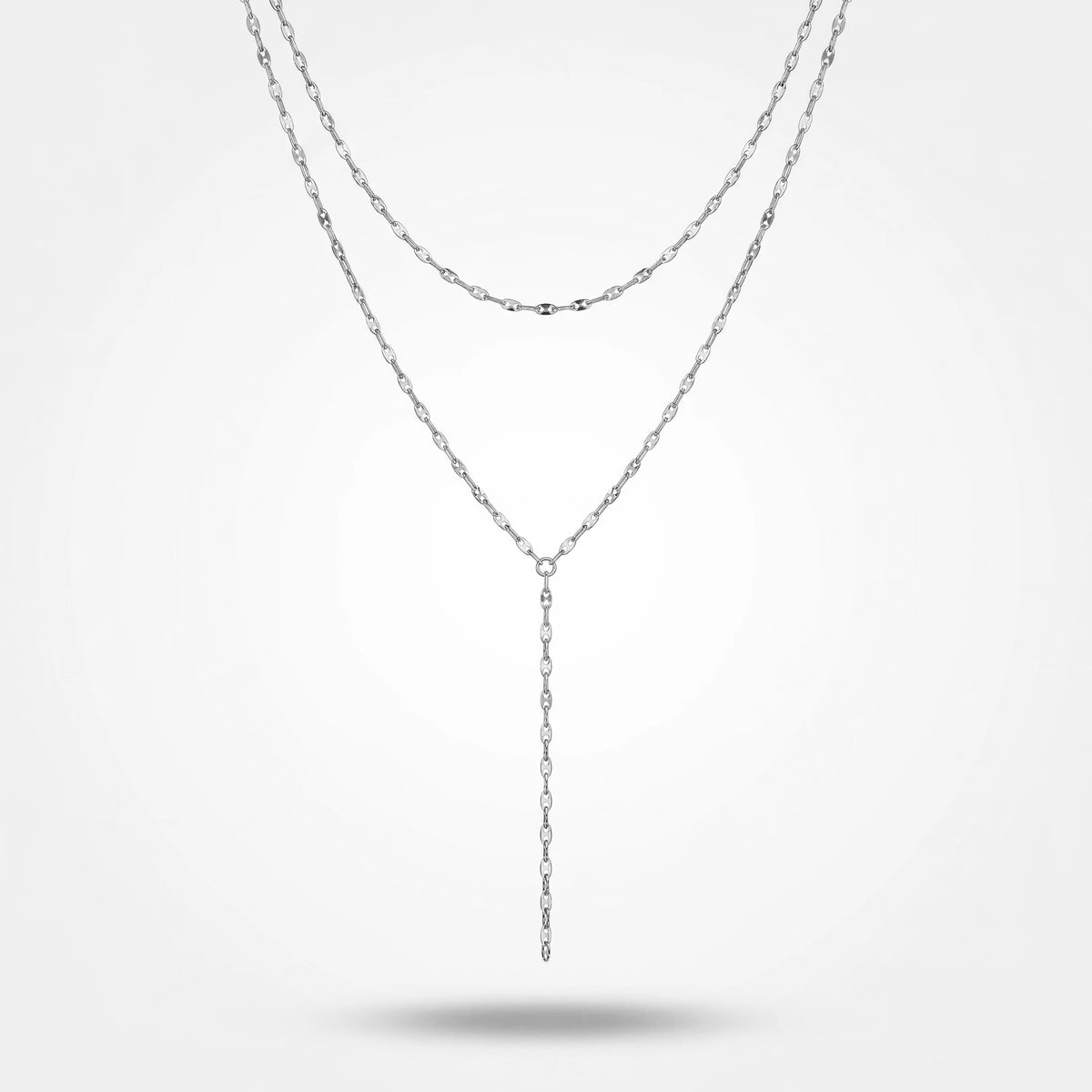 QIAOREN 11289 18K Gold Plated Double Layer Y Lariat Necklace Sparkle Oval Link Chain Stainless Steel Tarnish Free Waterproof