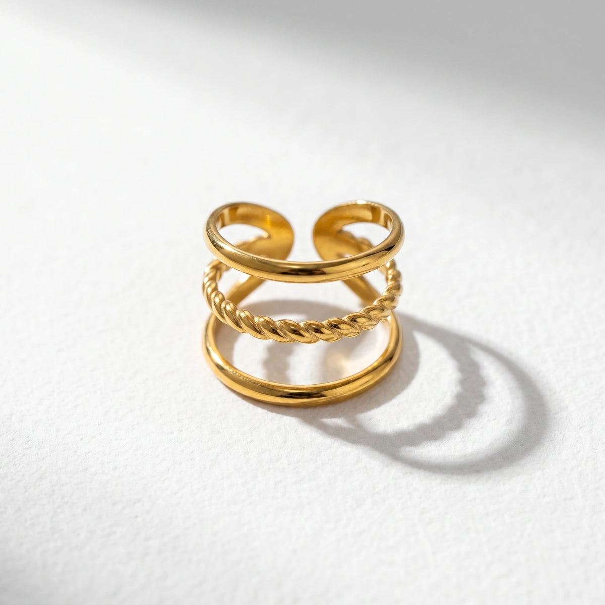 QIAOREN 13111-15 5Pcs 18K Gold Plated Stainless Steel Open Ring Set, Adjustable Stackable Durable Finger Rings