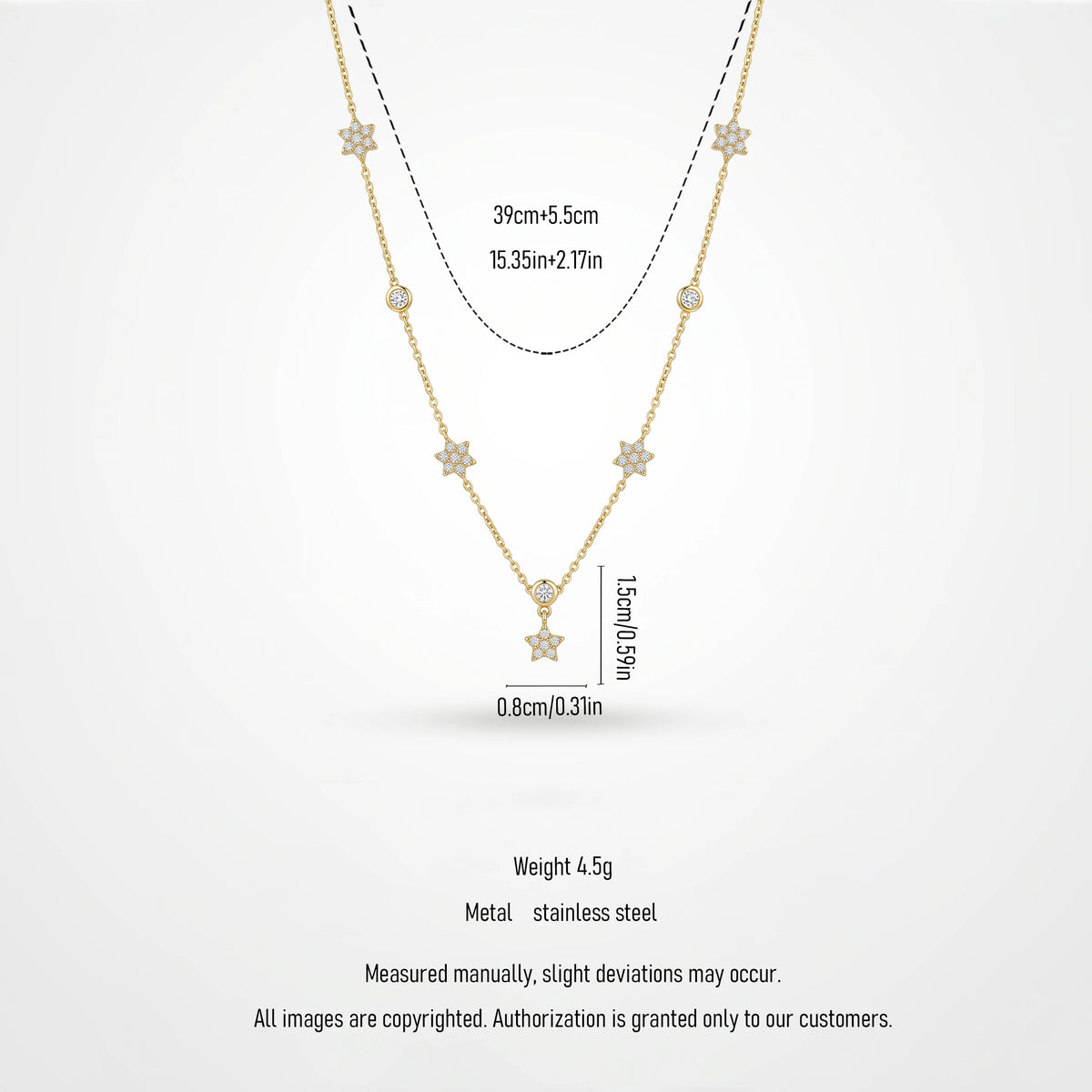 QIAOREN 13511 Shiny Star Crystal Station Necklace with Multi Size Six-pointed Star & Round Zircon Charms Necklace