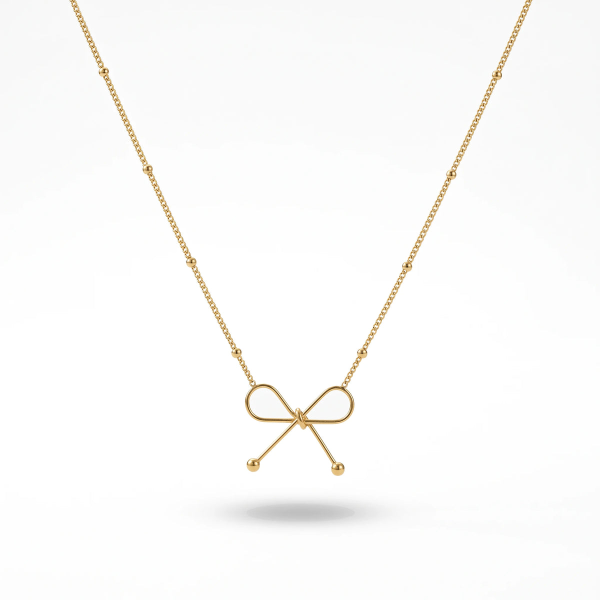 QIAOREN 13985 Beaded Oval Link Chain Pendant Necklace with Hollow Line Bow Charm, Polished Gold Minimalist Bow Collar