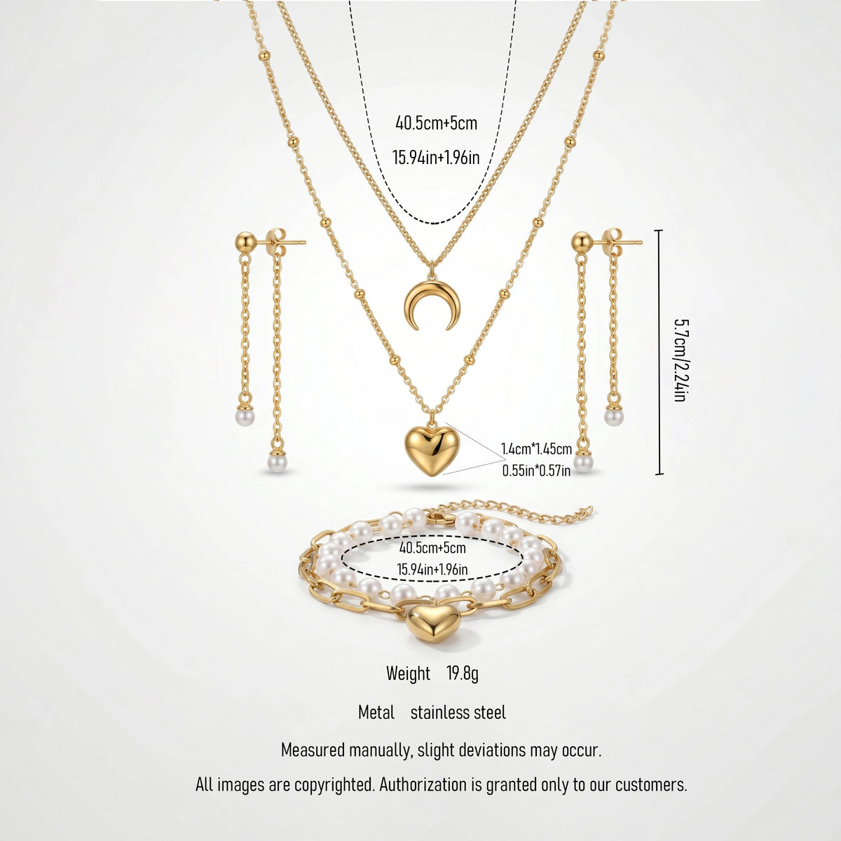 QIAOREN 11540 Romantic Pearl Tassel Moon Heart Jewelry Set 18K Gold Plated Stainless Steel for Women