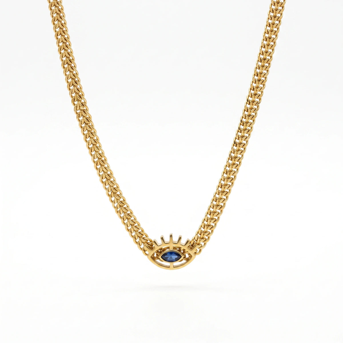 QIAOREN 13981 Thick Wheat Weave Chain Pendant Necklace with Unique Charm Inlaid Marquise Cut Blue CZ