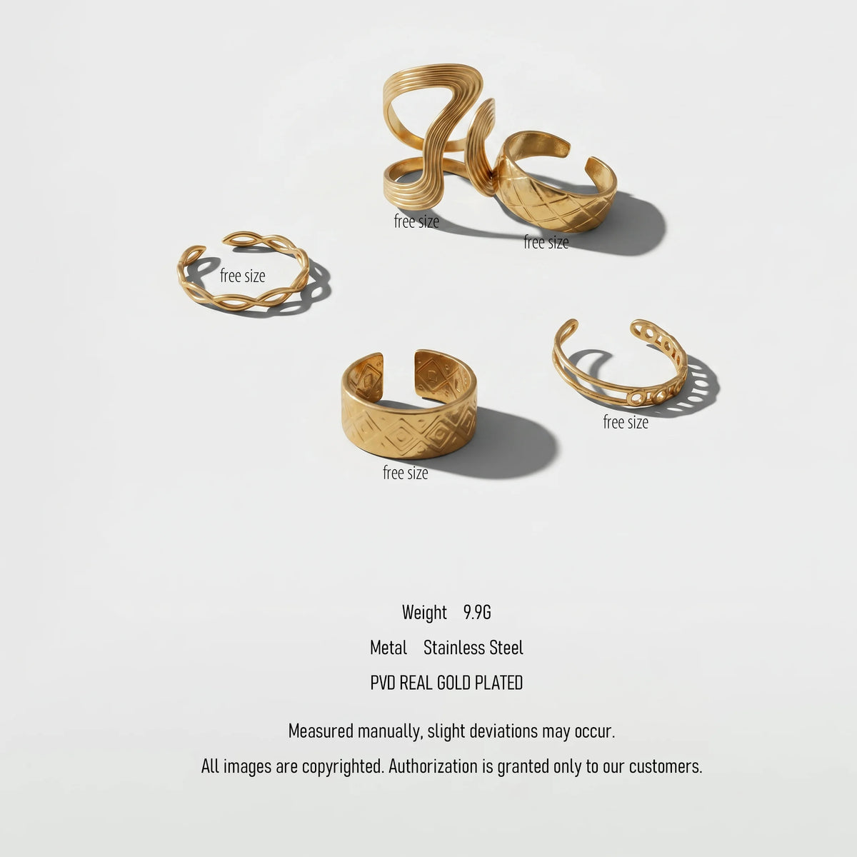 QIAOREN 5Pcs Vintage 18K PVD Gold Stainless Steel Rings Set Tarnish Free Adjustable Stackable Textured Open Cuff Rings for Women