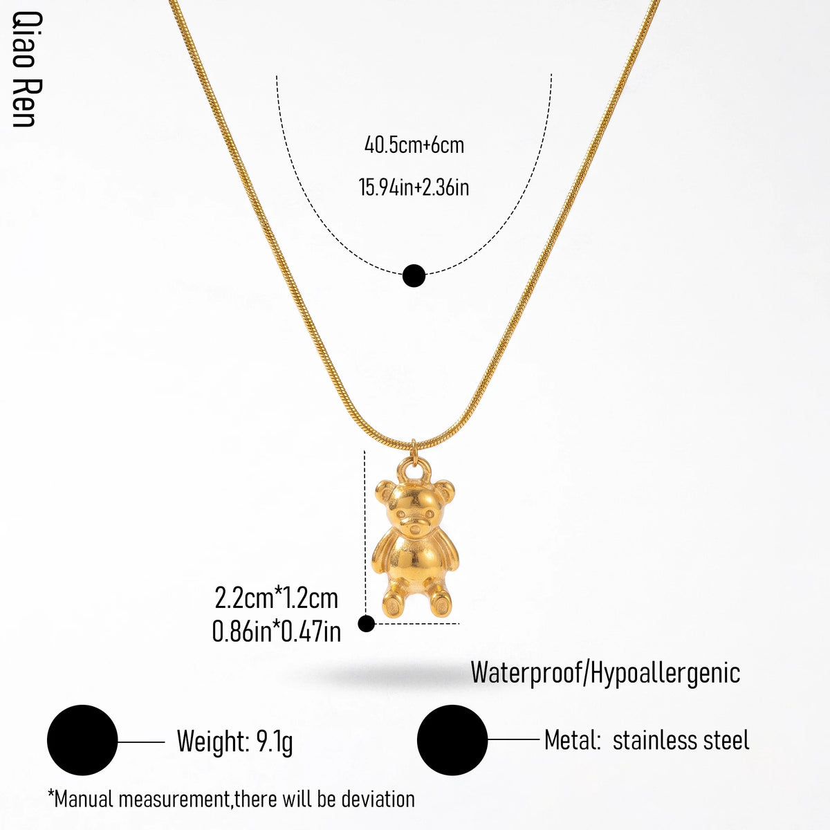 QIAOREN 14376 Cute 3D Teddy Bear Pendant Snake Chain Necklace, Stainless Steel Necklace Jewelry Gift for Daily Fashion Outfits