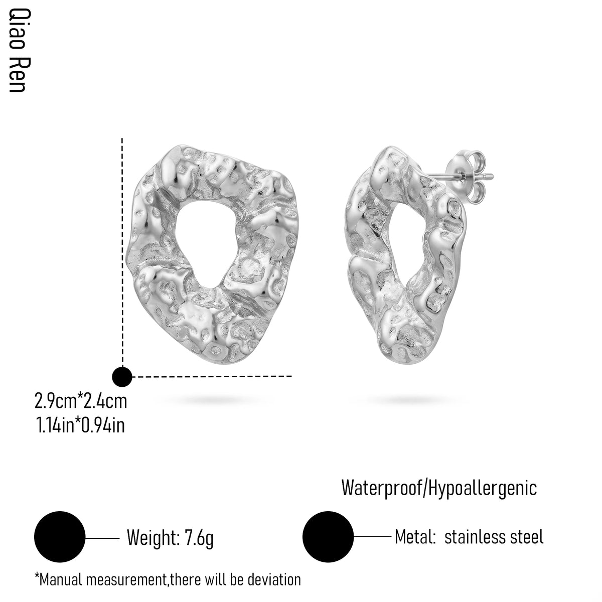 QIAOREN 14065 Hammered Irregular Hollow Oval Stud Earrings, Crinkled Organic Textured Open Ring Ear Stud Jewelry Gift