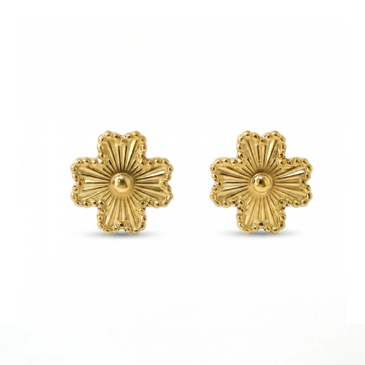 QIAOREN 11797 Vintage Radial Clover Stud Earrings Stainless Steel 18K Gold Plated Beaded  Sunburst Floral Jewelry for Women US