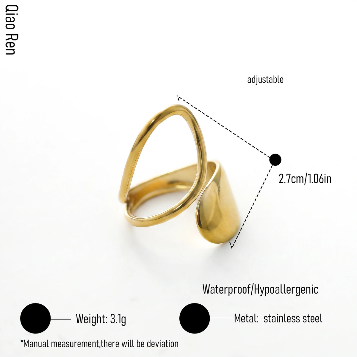 QIAOREN 14284-93 Abstract Irregular Wavy Open Cuff Ring Set, Adjustable Stackable Statement Rings, Stainless Steel Jewelry Gift