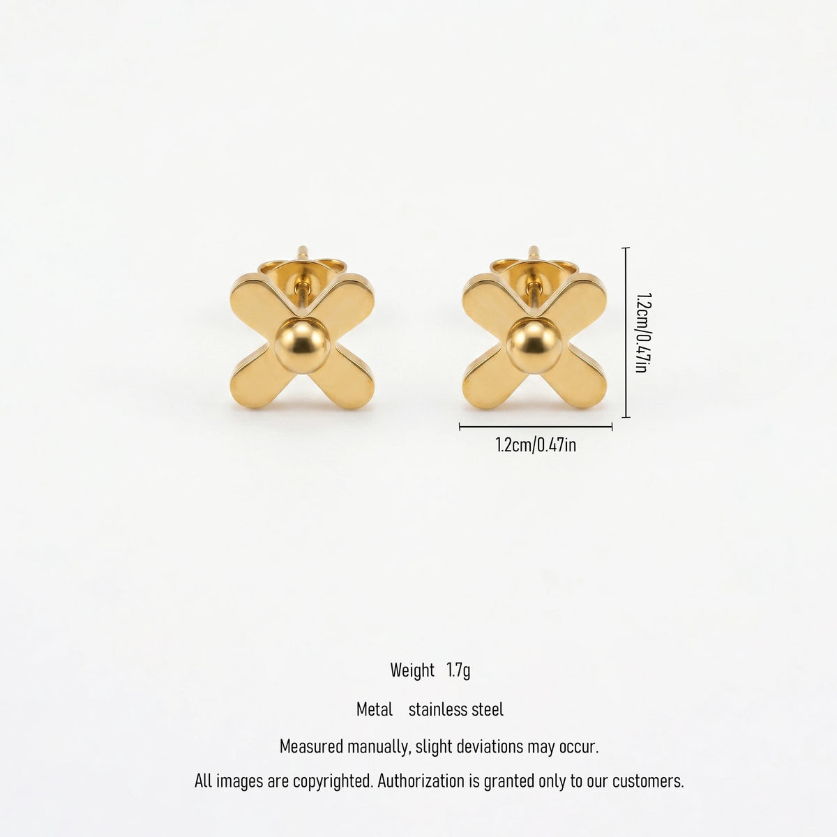 QIAOREN 11774  Ins Chic Solid Cross With Central Ball Stainless Steel Stud Earrings Gold Trend Accessory for American European