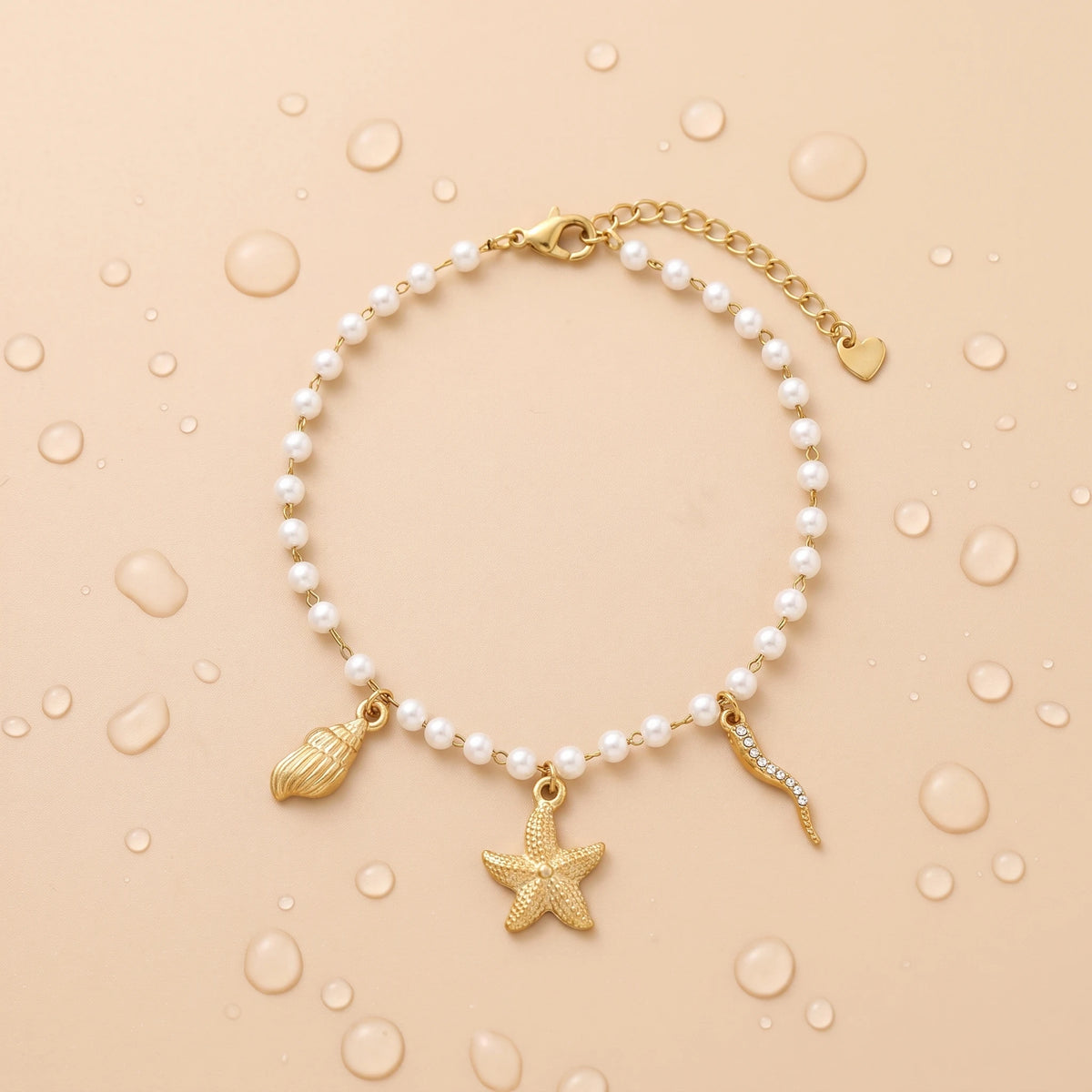 QIAOREN 13319 Ocean Style Pearl Anklet with Starfish, Conch & Rhinestone Tentacle Charms, Beach Vacation Foot Jewelry Gift