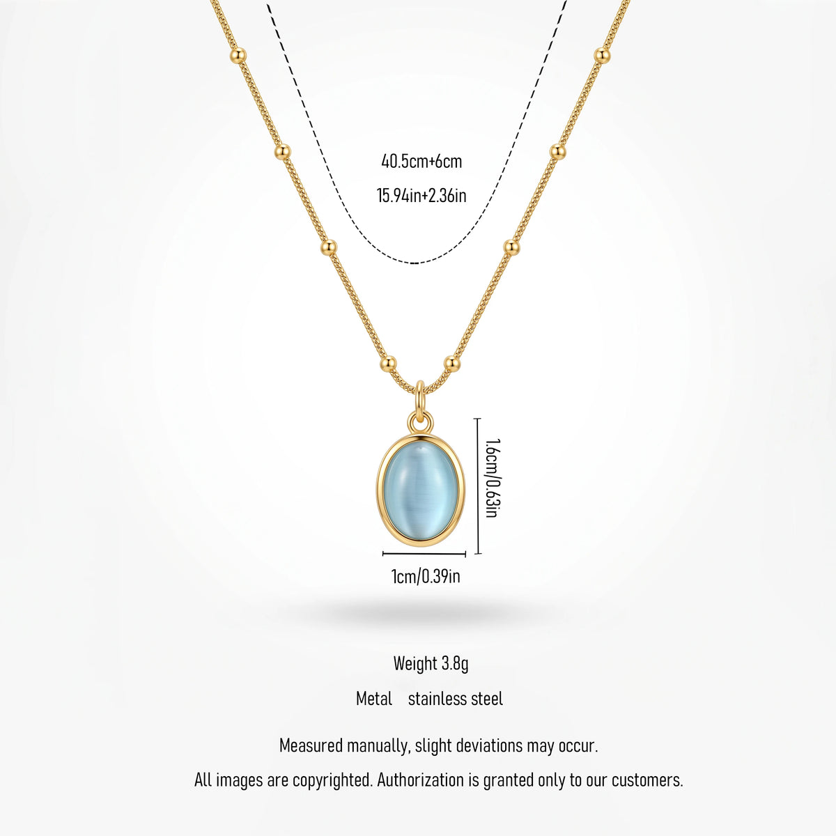QIAOREN 13477 Dainty Beaded Snake Chain Oval Light Blue Cat Eye Pendant Necklace, Minimalist Cool Tone Necklace